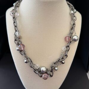 Lia Sophia Gun Metal, Pearls, & Pink Beaded Twisted Chain Necklace - 30” Adjust
